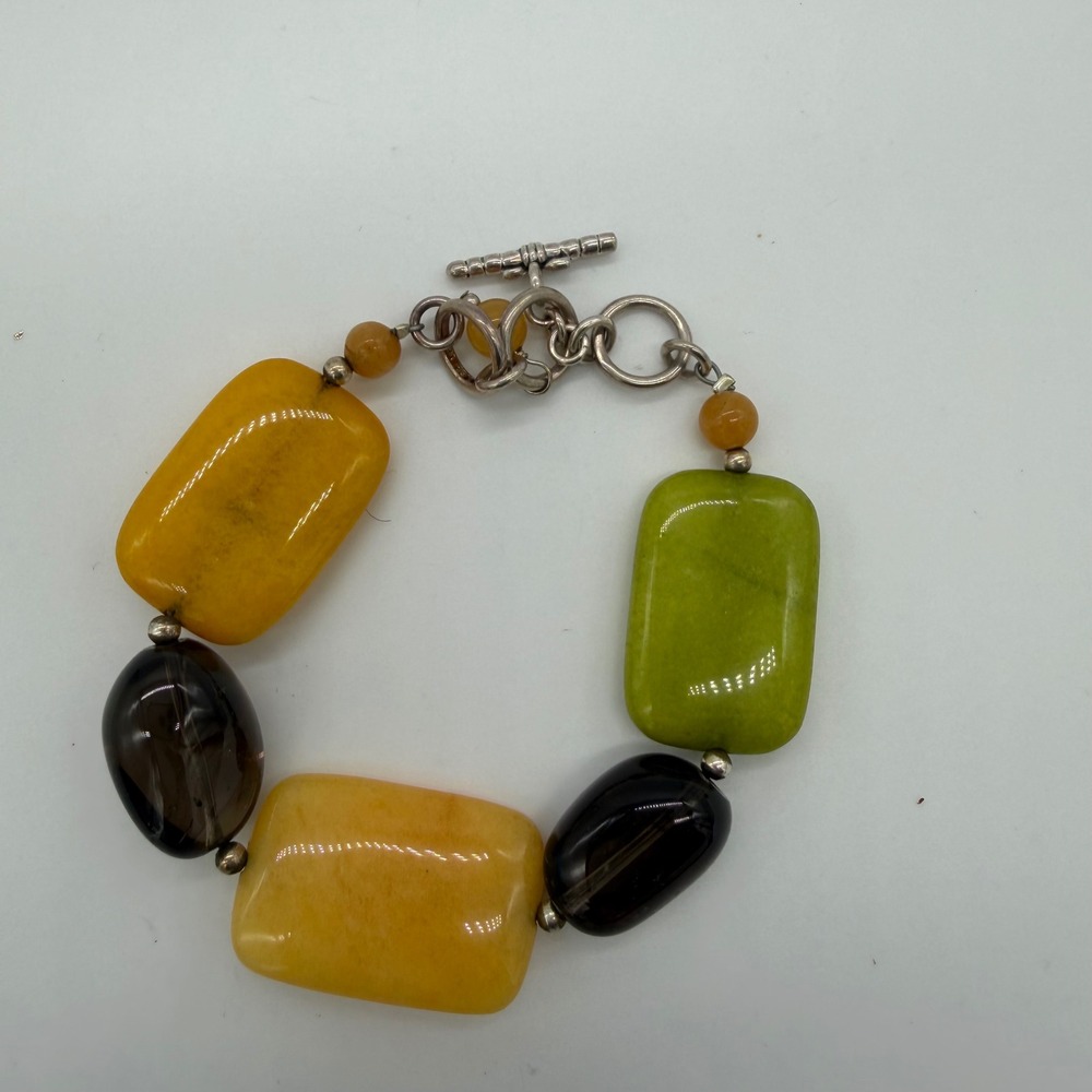 Barse Womens Chunky Stone Toggle Bracelet Green Yellow Brown Silver 8 Inch
